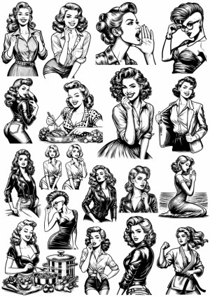 Vintage Pin-Up Women Black and White Vector Illustrations Free Vector