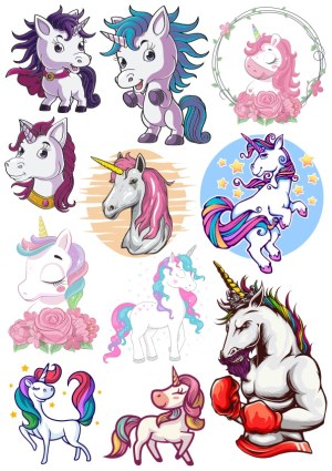 Collection of Colorful Unicorn Cartoon and Fantasy Vector Illustrations Free Vector