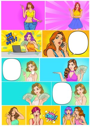 Pop Art Style Women Expressing Money, Emotions, and Success in Comic Panels Free Vector