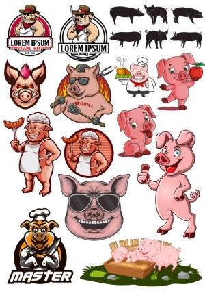 Fun Pig and BBQ Themed Cartoon Vector Illustrations Free Vector