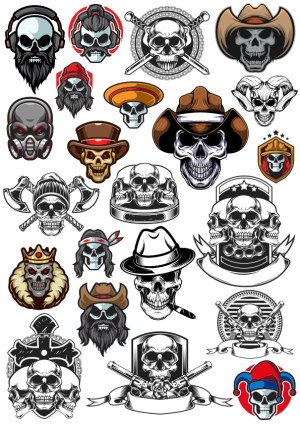 Collection of Skull Vector Illustrations with Hats and Accessories Free Vector