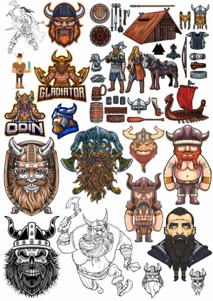 Collection of Viking and Norse Mythology Characters and Elements Free Vector
