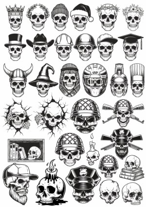Skulls with Various Helmets, Hats, and Accessories Vector Set Free Vector