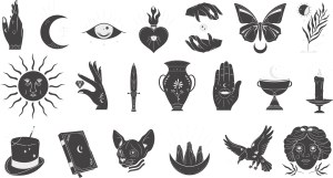 Mystical and Occult Symbol Set with Hands, Moon, Sun, Symbols, and Creatures Free Vector
