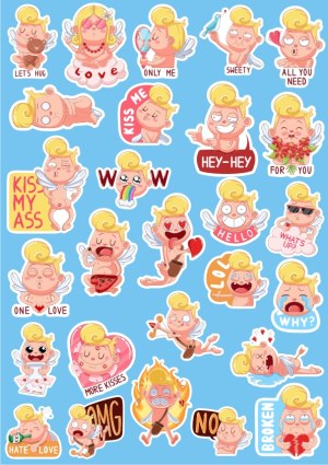 Cute Blond Cupid Character Stickers with Love and Emotion Themes Free Vector
