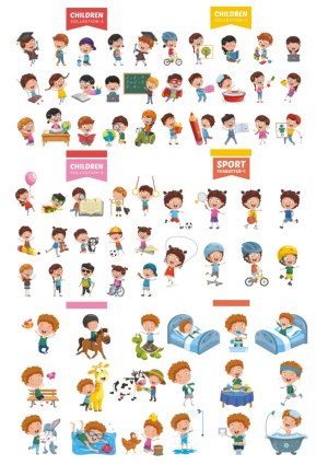 Collection of Vector Illustrations of Children in Various Activities Free Vector