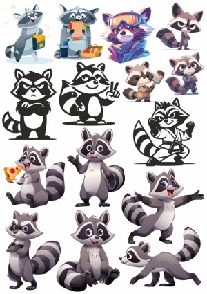 Collection of Cartoon Raccoon Characters in Various Poses and Styles Free Vector