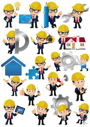 Construction Engineer Characters with Tools and Symbols Free Vector