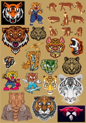 Collection of Tiger and Tiger-Themed Cartoon and Realistic Vector Illustrations Free Vector