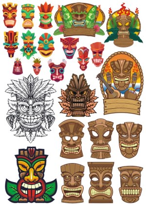 Colorful Tiki Mask Vector Illustrations Set Free Vector