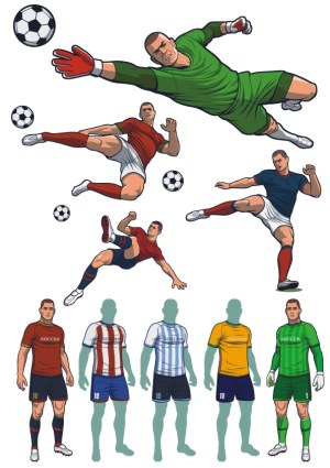 Vector Soccer Players in Action and Uniforms Illustration Free Vector