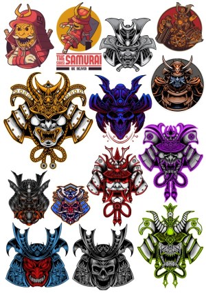 Collection of Colorful and Monochrome Samurai Skull Helmets Free Vector