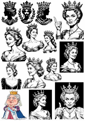 Collection of Queen Portraits and Crowns Illustrations Free Vector