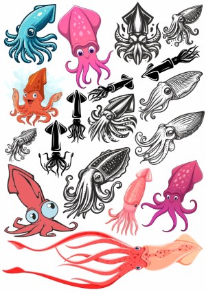 Collection of Various Squid Cartoon and Silhouette Illustrations Free Vector