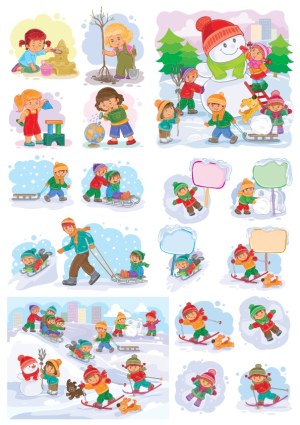 Children Playing in Winter and Spring Outdoor Activities Vector Set Free Vector