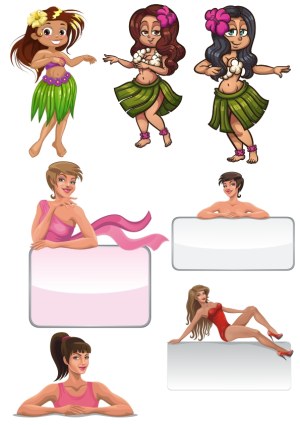Collection of Cartoon Women in Various Poses with Blank Banner Signs Free Vector