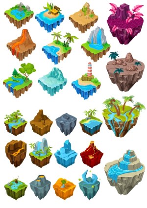 Set of Fantasy Floating Island Vector Landscapes Free Vector