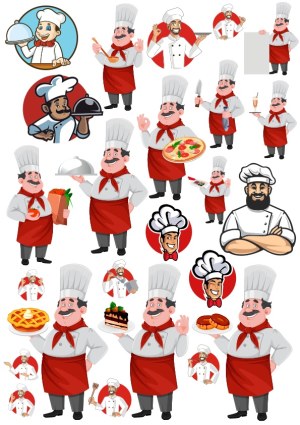 Cartoon Chef Characters with Food and Cooking Poses Free Vector