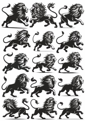 Set of Black Silhouette Lion Vectors in Various Poses Free Vector