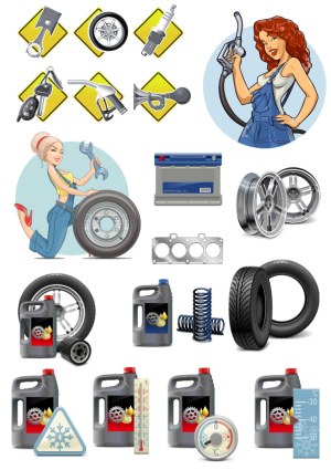 Car Maintenance and Auto Parts Vector Illustrations Free Vector