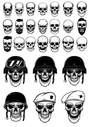 Collection of Detailed Black and White Skull Vector Illustrations Free Vector
