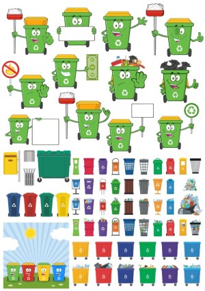 Variety of Colorful Recycling and Trash Bins with Cartoon Characters and Signs Free Vector