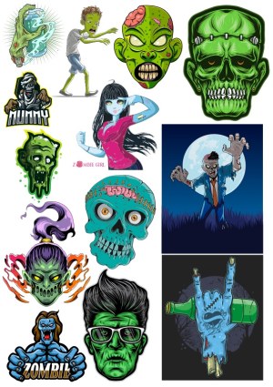 Collection of Various Zombie and Horror-Themed Vector Illustrations Free Vector