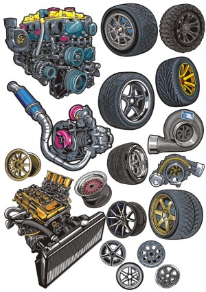 Detailed Vector Set of Car Engines, Turbochargers, Wheels, and Tires Free Vector
