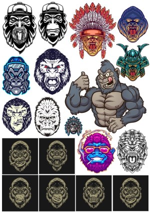 Diverse Vector Illustrations of Gorilla and Ape Faces with Various Styles and Themes Free Vector
