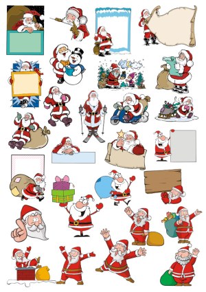 Collection of Cartoon Santa Claus Illustrations with Various Poses and Holiday Elements Free Vector
