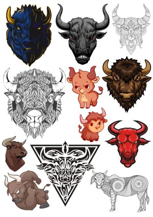 Bull and Buffalo Heads Vector Set with Tribal and Cartoon Styles Free Vector