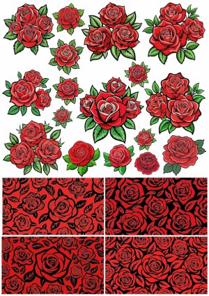 Red Rose Cluster Vectors and Seamless Floral Patterns Free Vector