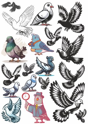 Collection of Diverse Cartoon and Silhouette Pigeon and Dove Vector Illustrations Free Vector