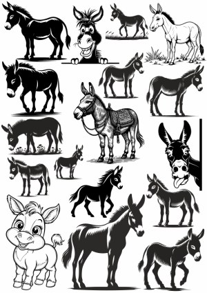 Collection of Black and White Donkey Vector Illustrations Free Vector