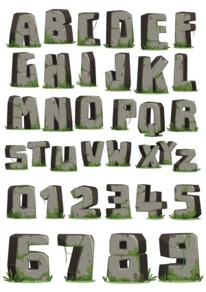 Stone Block Alphabet and Numbers with Moss and Grass Free Vector