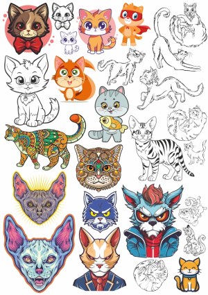 Colorful and Monochrome Cat and Kitten Illustrations and Line Art Free Vector