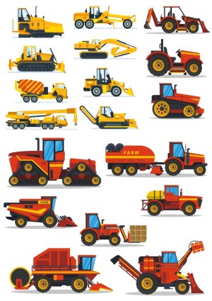 Vector Set of Yellow Construction and Red Agricultural Vehicles Free Vector