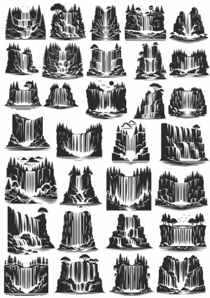 Collection of Black Waterfall Silhouettes with Trees and Rocks Free Vector