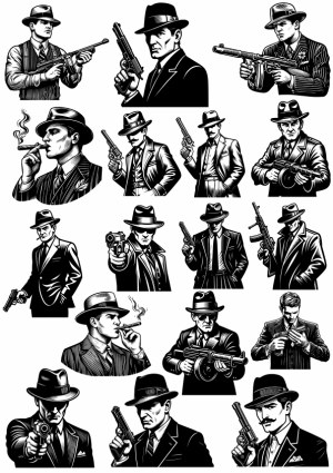 Vintage Gangster and Mobster Men with Guns Vector Set Free Vector