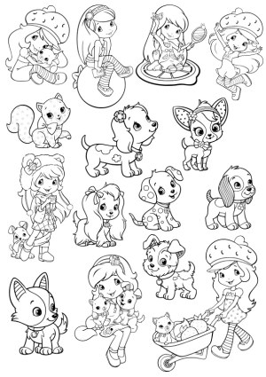 Cute Girls and Puppies Line Art Coloring Pages Free Vector