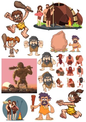 Cartoon Caveman Characters and Prehistoric Scenes Free Vector