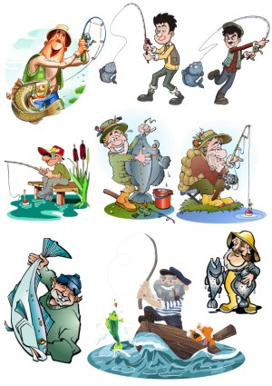 Cartoon Fishermen Characters with Various Fishing Scenes Free Vector