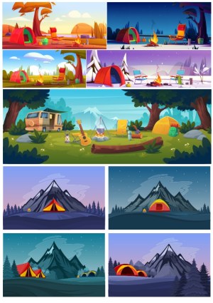Campground and Camping Scenes in Different Seasons and Times Free Vector