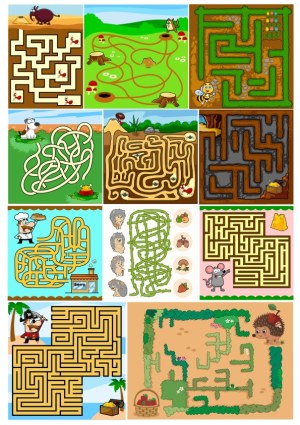Colorful Animal and Food Themed Mazes for Kids Free Vector