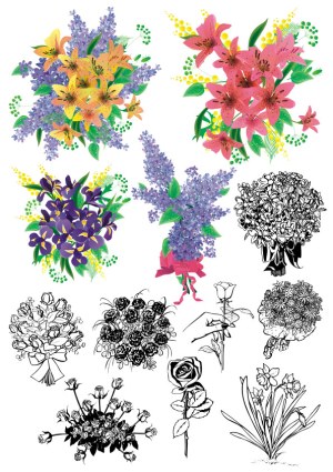 Colorful and Black Floral Bouquet and Bloom Vector Set Free Vector