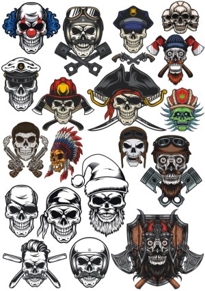Collection of Skull Characters with Various Hats and Accessories Free Vector