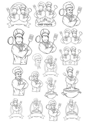 Set of Chef with Pot and Spatula Vector Illustrations Free Vector
