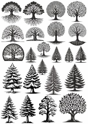 Collection of Black and White Tree Silhouettes with Roots and Pine Designs Free Vector