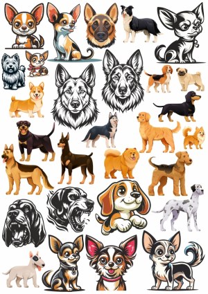 Collection of Various Dog Breeds in Cartoon, Realistic, and Line Art Styles Free Vector