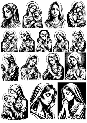 Religious Line Art Illustrations of Virgin Mary and Jesus Free Vector